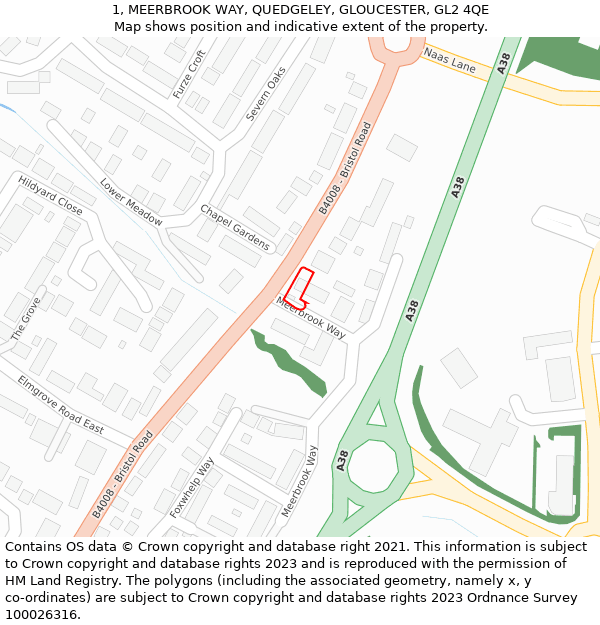 1, MEERBROOK WAY, QUEDGELEY, GLOUCESTER, GL2 4QE: Location map and indicative extent of plot