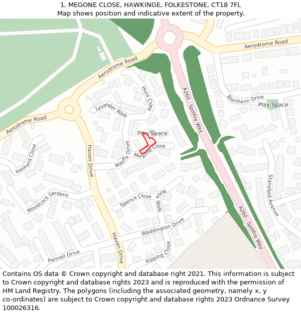 1, MEGONE CLOSE, HAWKINGE, FOLKESTONE, CT18 7FL: Location map and indicative extent of plot