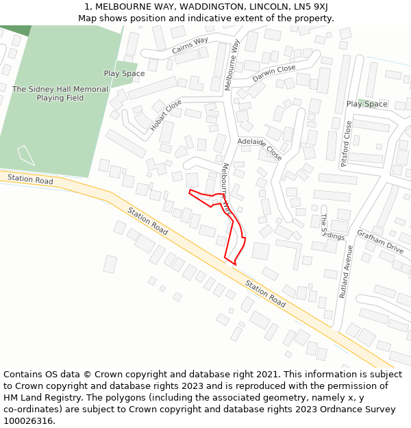 1, MELBOURNE WAY, WADDINGTON, LINCOLN, LN5 9XJ: Location map and indicative extent of plot