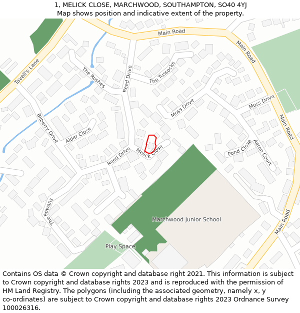 1, MELICK CLOSE, MARCHWOOD, SOUTHAMPTON, SO40 4YJ: Location map and indicative extent of plot