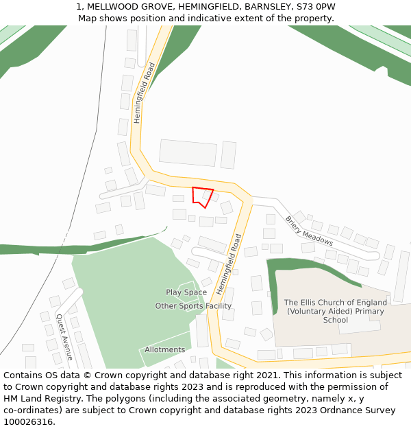 1, MELLWOOD GROVE, HEMINGFIELD, BARNSLEY, S73 0PW: Location map and indicative extent of plot