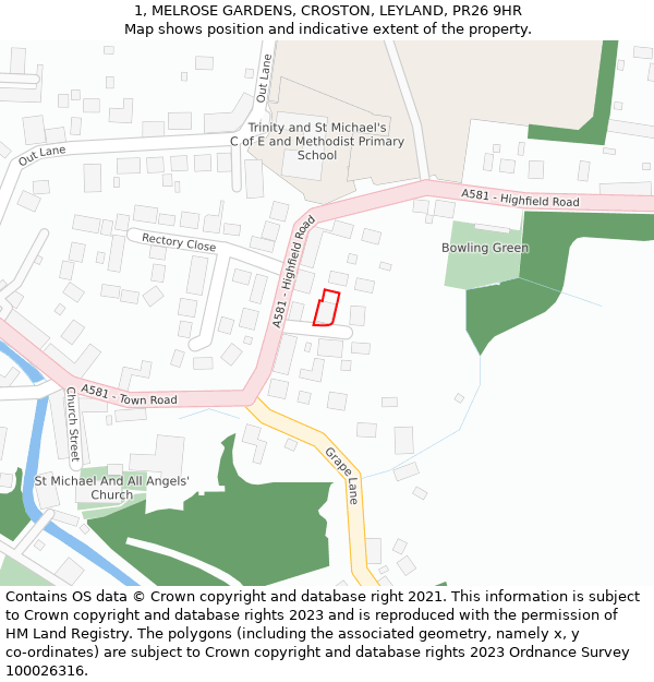 1, MELROSE GARDENS, CROSTON, LEYLAND, PR26 9HR: Location map and indicative extent of plot