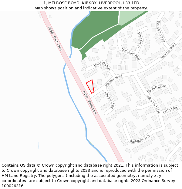 1, MELROSE ROAD, KIRKBY, LIVERPOOL, L33 1ED: Location map and indicative extent of plot