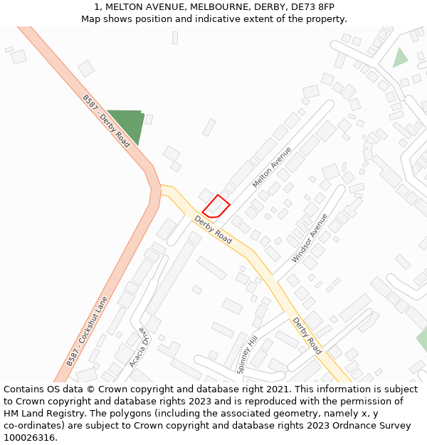 1, MELTON AVENUE, MELBOURNE, DERBY, DE73 8FP: Location map and indicative extent of plot