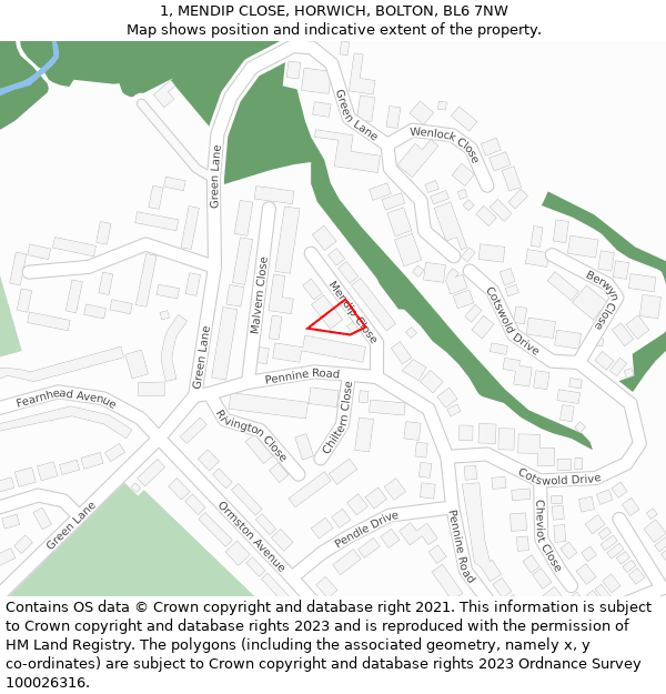 1, MENDIP CLOSE, HORWICH, BOLTON, BL6 7NW: Location map and indicative extent of plot