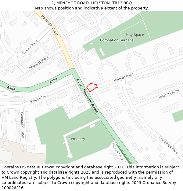 1, MENEAGE ROAD, HELSTON, TR13 8BQ: Location map and indicative extent of plot