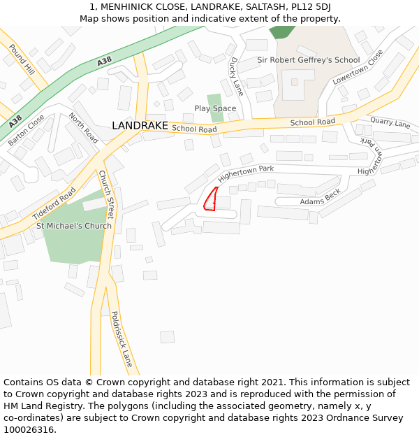 1, MENHINICK CLOSE, LANDRAKE, SALTASH, PL12 5DJ: Location map and indicative extent of plot