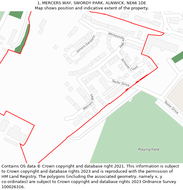 1, MERCERS WAY, SWORDY PARK, ALNWICK, NE66 1DE: Location map and indicative extent of plot