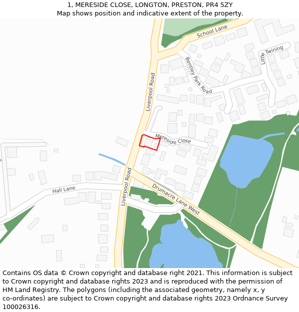 1, MERESIDE CLOSE, LONGTON, PRESTON, PR4 5ZY: Location map and indicative extent of plot