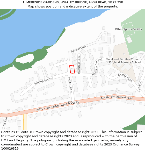 1, MERESIDE GARDENS, WHALEY BRIDGE, HIGH PEAK, SK23 7SB: Location map and indicative extent of plot