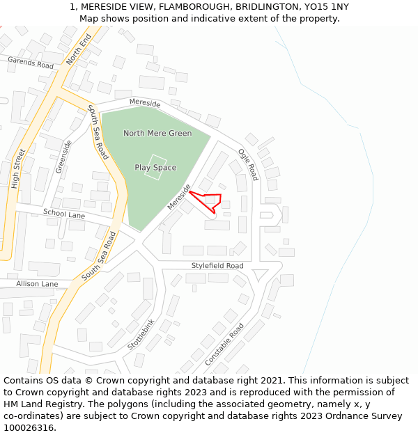 1, MERESIDE VIEW, FLAMBOROUGH, BRIDLINGTON, YO15 1NY: Location map and indicative extent of plot