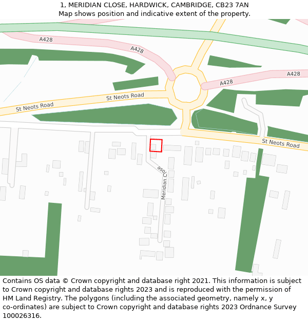 1, MERIDIAN CLOSE, HARDWICK, CAMBRIDGE, CB23 7AN: Location map and indicative extent of plot