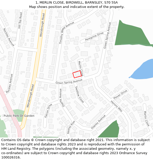 1, MERLIN CLOSE, BIRDWELL, BARNSLEY, S70 5SA: Location map and indicative extent of plot
