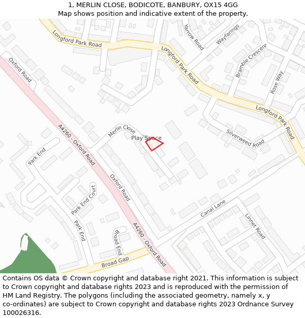 1, MERLIN CLOSE, BODICOTE, BANBURY, OX15 4GG: Location map and indicative extent of plot