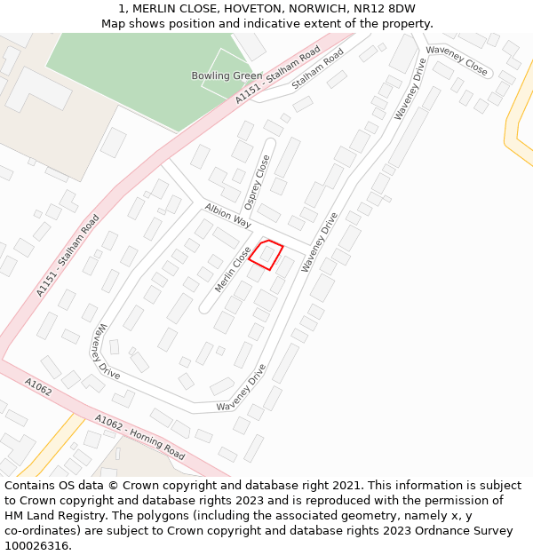 1, MERLIN CLOSE, HOVETON, NORWICH, NR12 8DW: Location map and indicative extent of plot