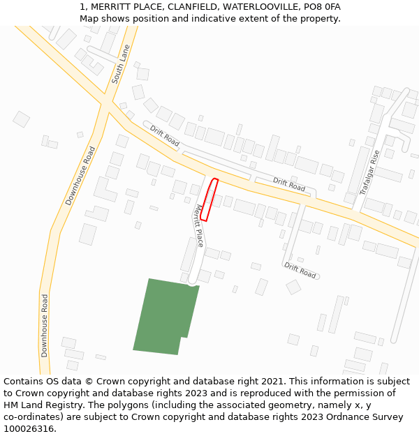 1, MERRITT PLACE, CLANFIELD, WATERLOOVILLE, PO8 0FA: Location map and indicative extent of plot
