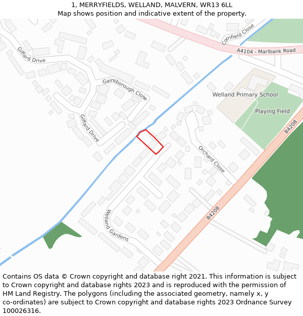 1, MERRYFIELDS, WELLAND, MALVERN, WR13 6LL: Location map and indicative extent of plot