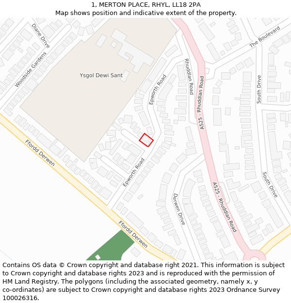 1, MERTON PLACE, RHYL, LL18 2PA: Location map and indicative extent of plot