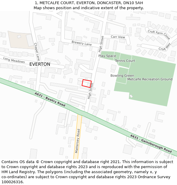 1, METCALFE COURT, EVERTON, DONCASTER, DN10 5AH: Location map and indicative extent of plot