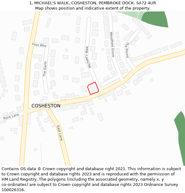 1, MICHAEL'S WALK, COSHESTON, PEMBROKE DOCK, SA72 4UR: Location map and indicative extent of plot