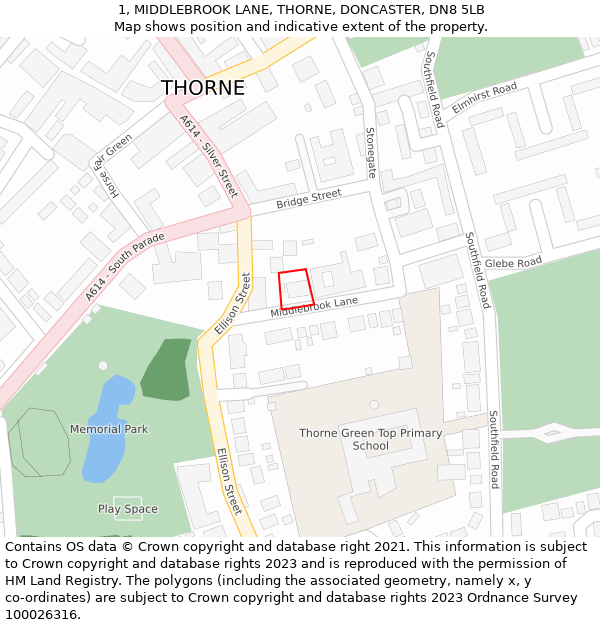 1, MIDDLEBROOK LANE, THORNE, DONCASTER, DN8 5LB: Location map and indicative extent of plot