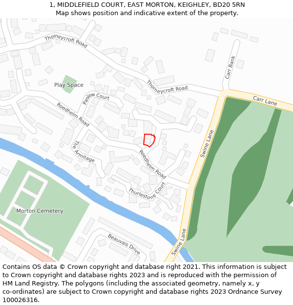 1, MIDDLEFIELD COURT, EAST MORTON, KEIGHLEY, BD20 5RN: Location map and indicative extent of plot