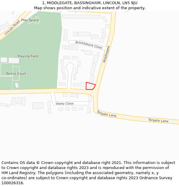 1, MIDDLEGATE, BASSINGHAM, LINCOLN, LN5 9JU: Location map and indicative extent of plot