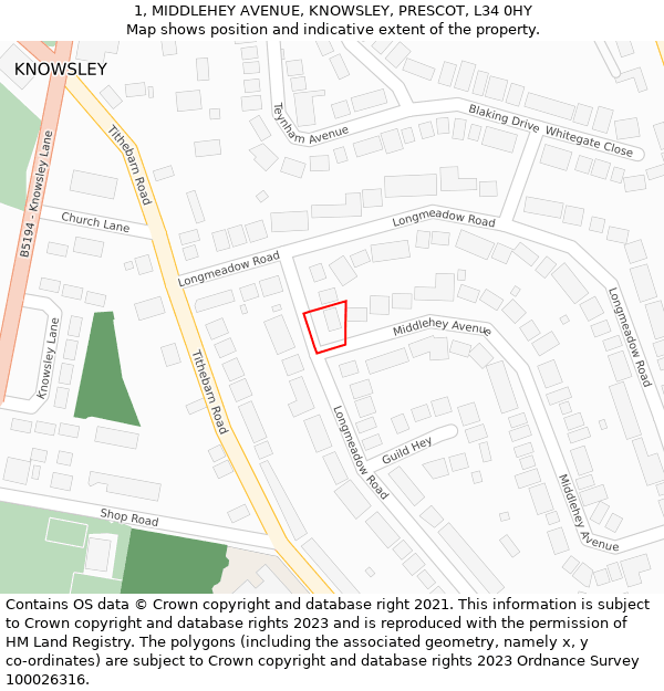 1, MIDDLEHEY AVENUE, KNOWSLEY, PRESCOT, L34 0HY: Location map and indicative extent of plot