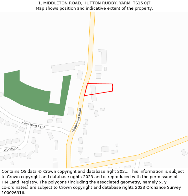 1, MIDDLETON ROAD, HUTTON RUDBY, YARM, TS15 0JT: Location map and indicative extent of plot