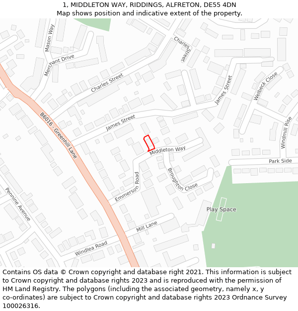 1, MIDDLETON WAY, RIDDINGS, ALFRETON, DE55 4DN: Location map and indicative extent of plot