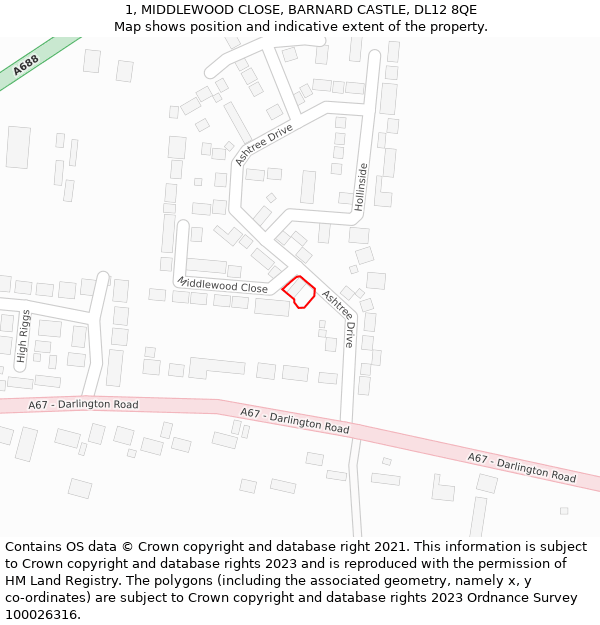 1, MIDDLEWOOD CLOSE, BARNARD CASTLE, DL12 8QE: Location map and indicative extent of plot