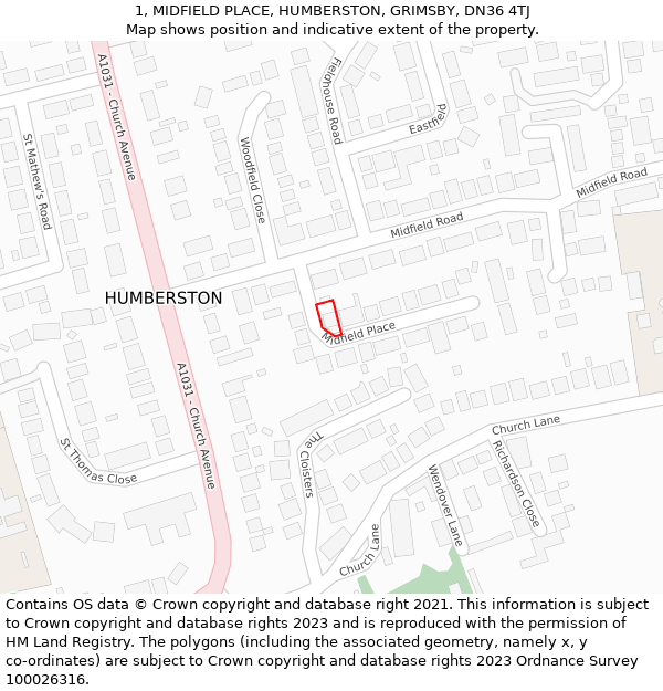 1, MIDFIELD PLACE, HUMBERSTON, GRIMSBY, DN36 4TJ: Location map and indicative extent of plot