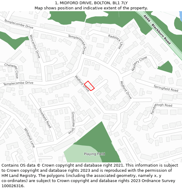1, MIDFORD DRIVE, BOLTON, BL1 7LY: Location map and indicative extent of plot