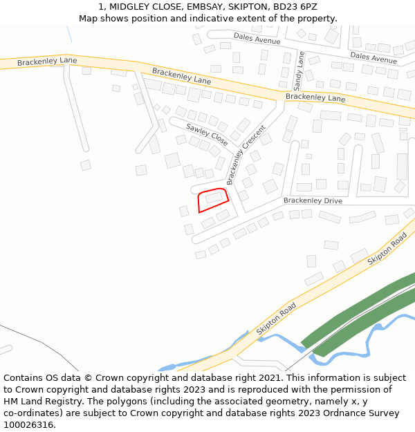 1, MIDGLEY CLOSE, EMBSAY, SKIPTON, BD23 6PZ: Location map and indicative extent of plot