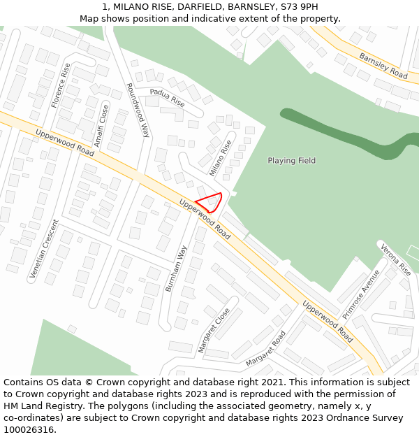 1, MILANO RISE, DARFIELD, BARNSLEY, S73 9PH: Location map and indicative extent of plot