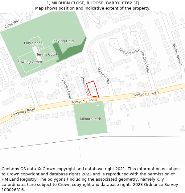 1, MILBURN CLOSE, RHOOSE, BARRY, CF62 3EJ: Location map and indicative extent of plot