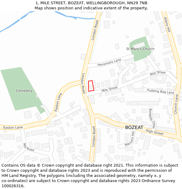 1, MILE STREET, BOZEAT, WELLINGBOROUGH, NN29 7NB: Location map and indicative extent of plot