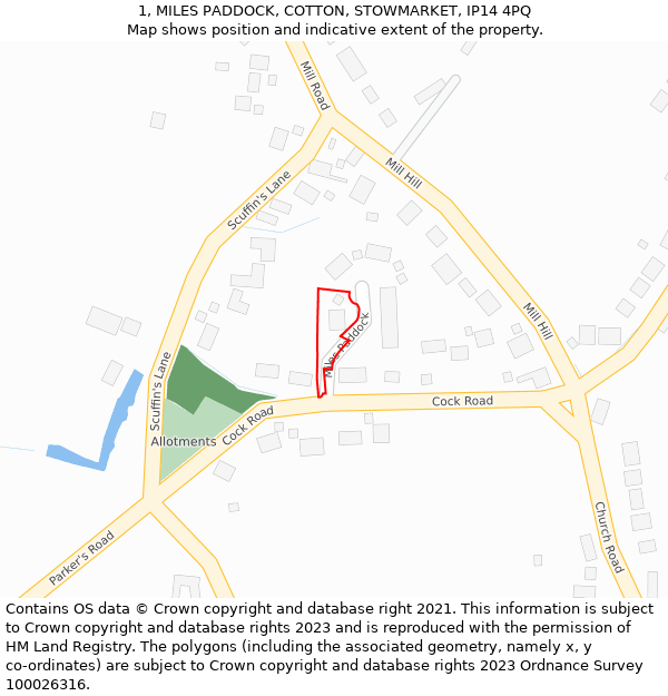 1, MILES PADDOCK, COTTON, STOWMARKET, IP14 4PQ: Location map and indicative extent of plot