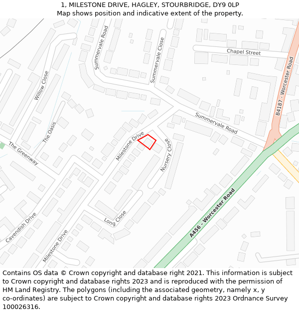 1, MILESTONE DRIVE, HAGLEY, STOURBRIDGE, DY9 0LP: Location map and indicative extent of plot