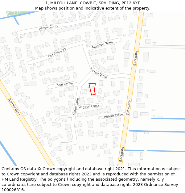 1, MILFOIL LANE, COWBIT, SPALDING, PE12 6XF: Location map and indicative extent of plot