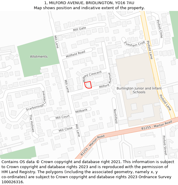 1, MILFORD AVENUE, BRIDLINGTON, YO16 7AU: Location map and indicative extent of plot