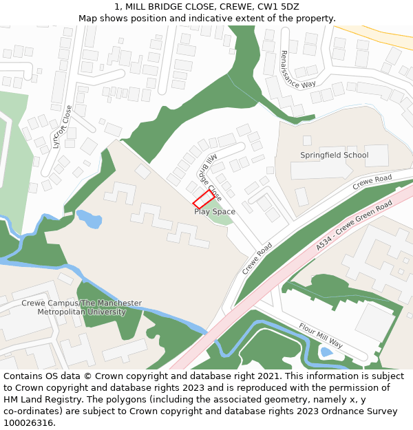 1, MILL BRIDGE CLOSE, CREWE, CW1 5DZ: Location map and indicative extent of plot