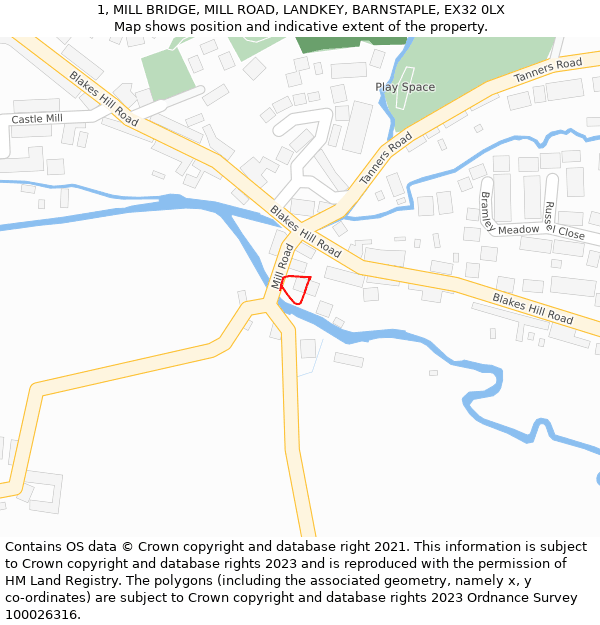 1, MILL BRIDGE, MILL ROAD, LANDKEY, BARNSTAPLE, EX32 0LX: Location map and indicative extent of plot