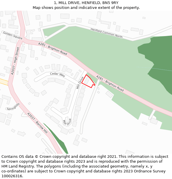 1, MILL DRIVE, HENFIELD, BN5 9RY: Location map and indicative extent of plot