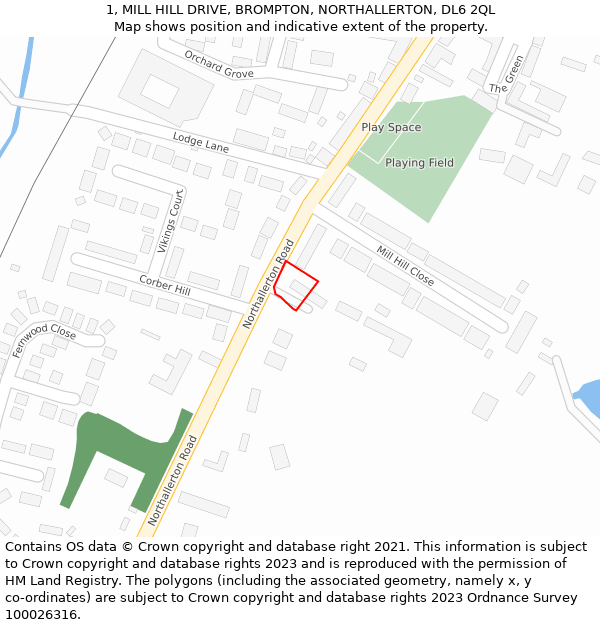 1, MILL HILL DRIVE, BROMPTON, NORTHALLERTON, DL6 2QL: Location map and indicative extent of plot