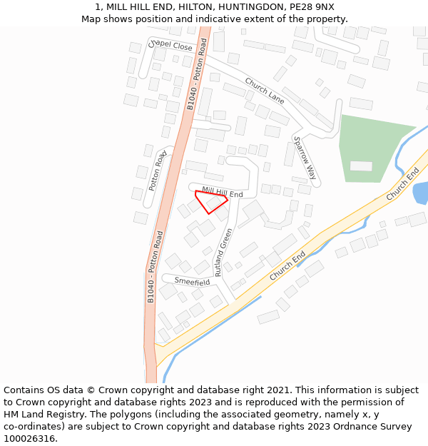 1, MILL HILL END, HILTON, HUNTINGDON, PE28 9NX: Location map and indicative extent of plot
