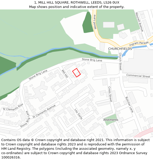 1, MILL HILL SQUARE, ROTHWELL, LEEDS, LS26 0UX: Location map and indicative extent of plot