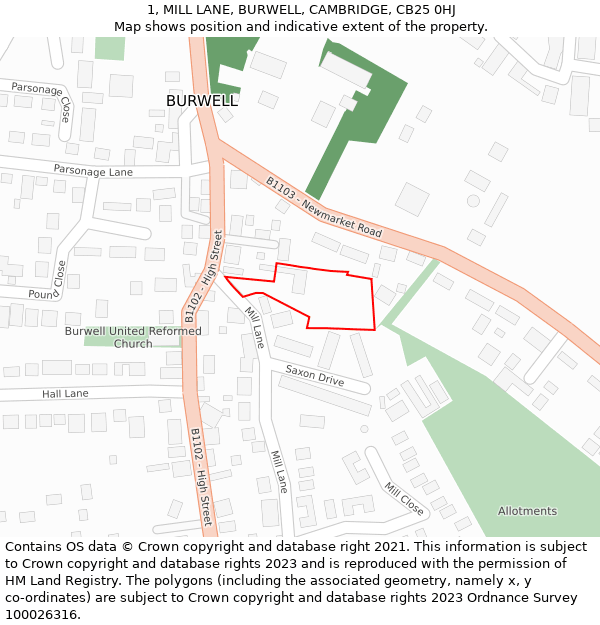 1, MILL LANE, BURWELL, CAMBRIDGE, CB25 0HJ: Location map and indicative extent of plot