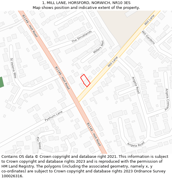 1, MILL LANE, HORSFORD, NORWICH, NR10 3ES: Location map and indicative extent of plot