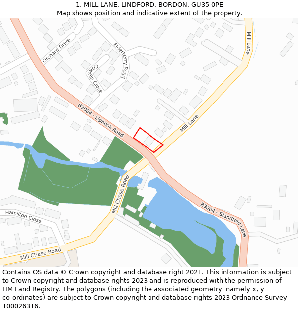 1, MILL LANE, LINDFORD, BORDON, GU35 0PE: Location map and indicative extent of plot